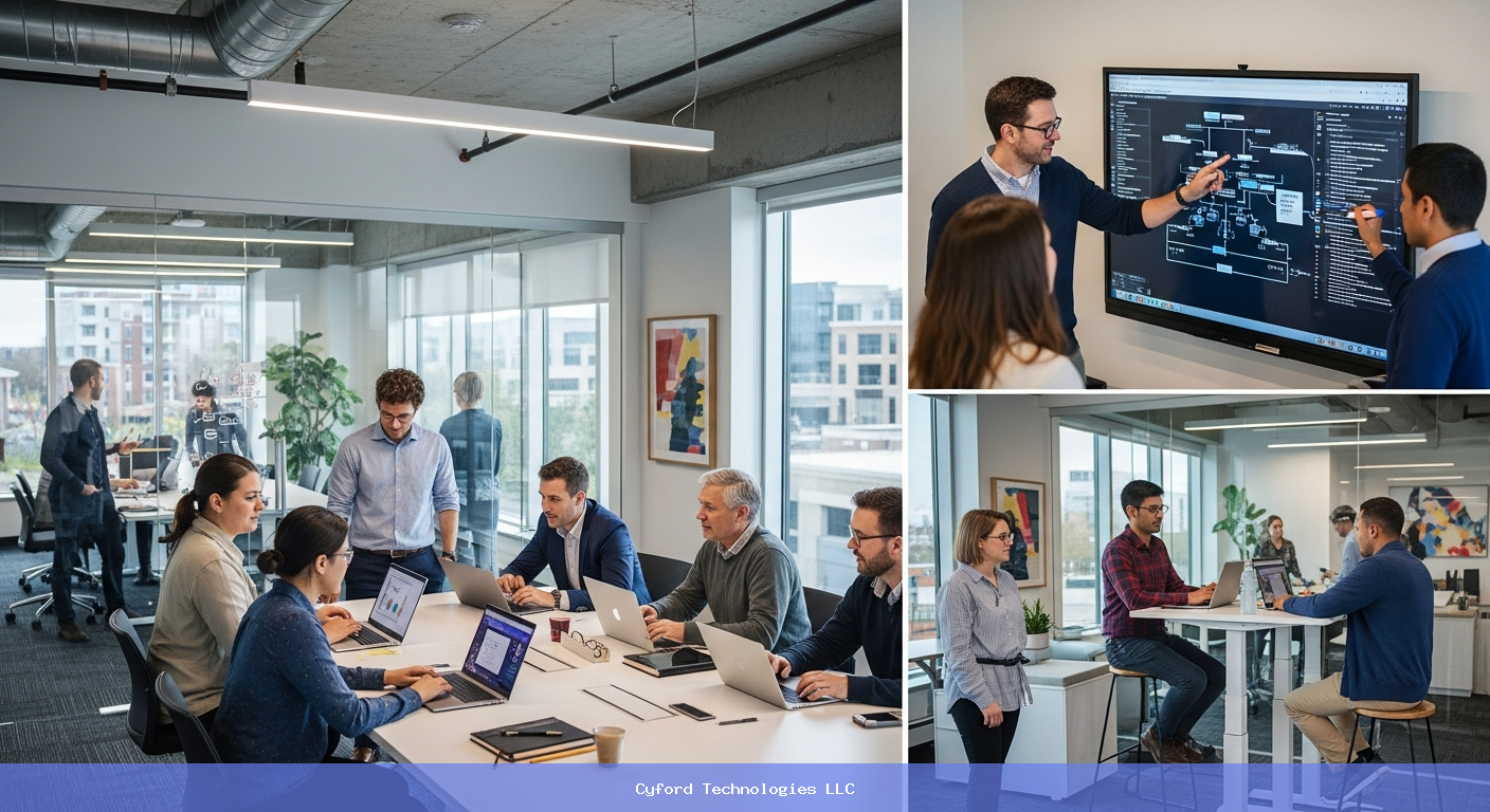 diverse tech team collaborating in modern Alpharetta office
